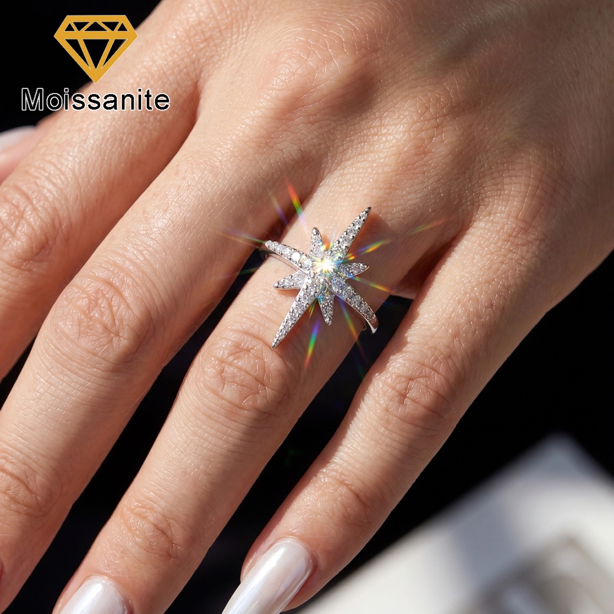 Sparkling Eight-Pointed Star Moissanite Ring for Women